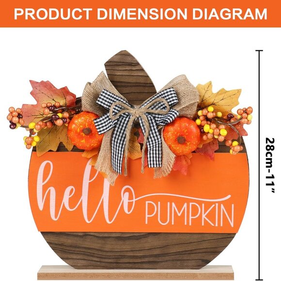 Wooden Hello Pumpkin Sign - Fall Tabletop Decor, Harvest Thanksgiving Decoration - Picture 3 of 6